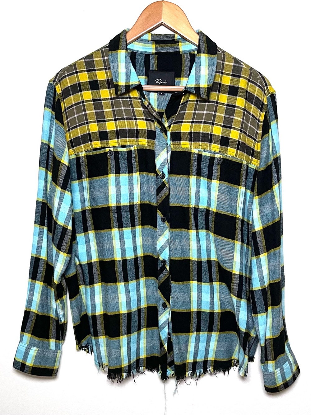Rails Brando Shirt Size Large Sky Mixed Plaid  Button Down Yellow Blue Black